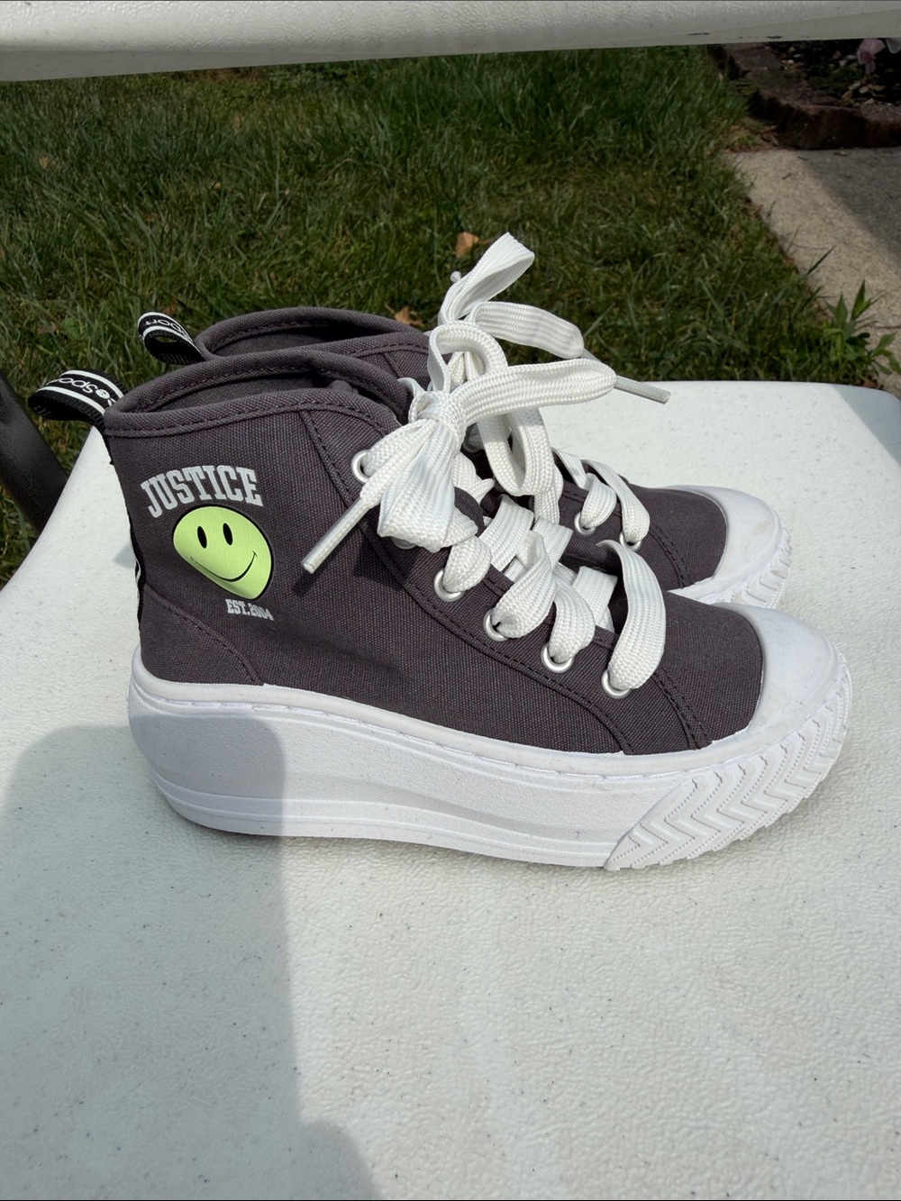 Justice Black High-Top Platform Sneakers with White Sole and Neon Green Smiley